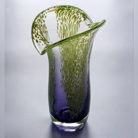 Vntg Murano Style Art Glass 7 1/2" Lime Green Clear Indigo Purple Vase - Picture 3 of 13